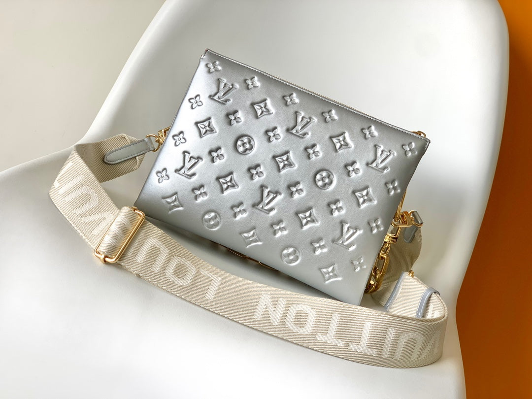 Louis Vuitton Metallic Silver Embossed Shoulder Bag with Chunky Chain Strap