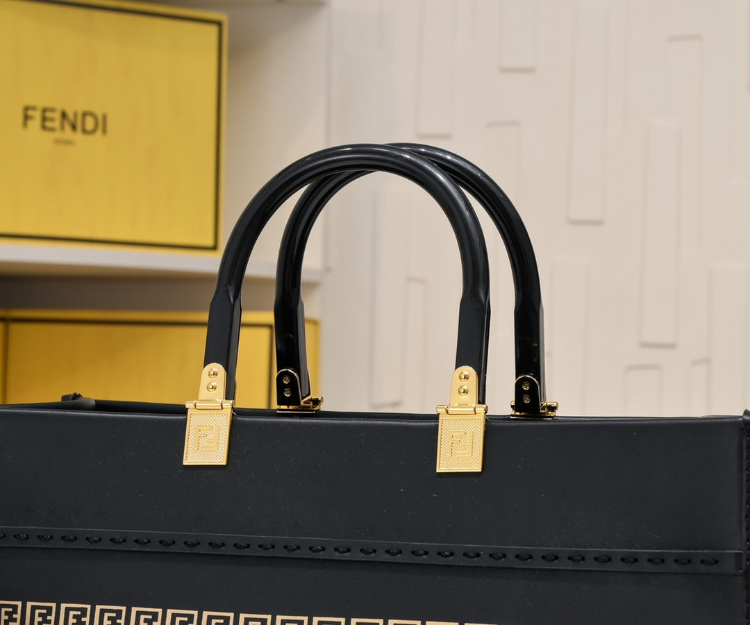 Fendace Black Leather Sunshine Shopper Tote Bag - Fendi x Versace Collaboration