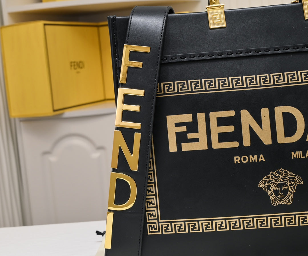 Fendace Sunshine Medium Black Leather Tote Bag - Fendi x Versace Collaboration