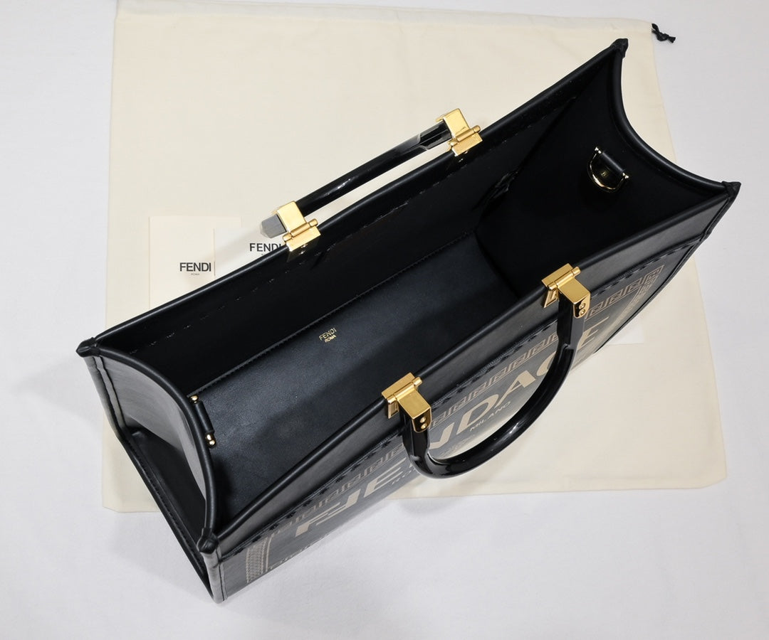 Fendace Black Leather Sunshine Shopper Tote Bag - Fendi x Versace Collaboration