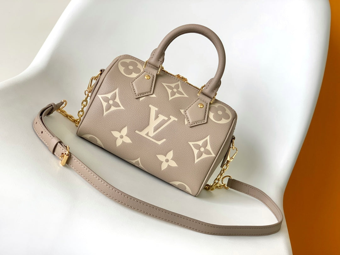 Louis Vuitton Taupe and Cream Leather Monogram Barrel Handbag with Chain Strap