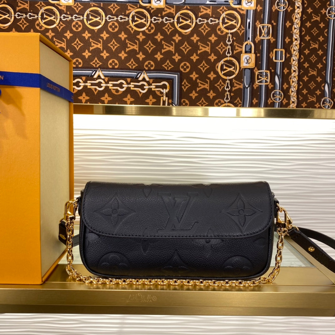 Louis Vuitton Black Embossed Leather Shoulder Bag with Gold Chain Strap