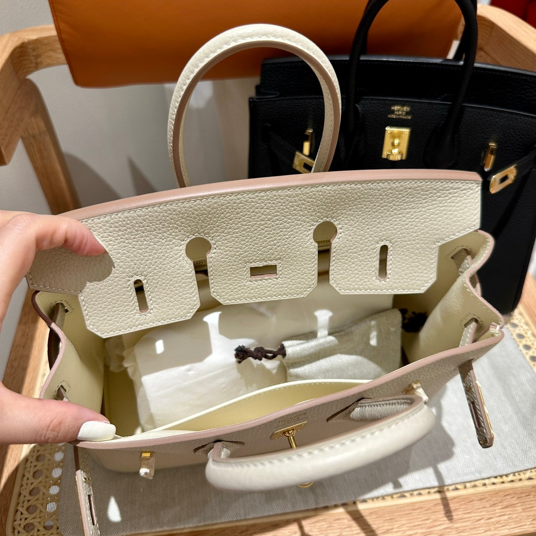 Luxury Genuine Leather Top-Handle Tote Bag - Elegant Birkin-Style Handbag in White and Black