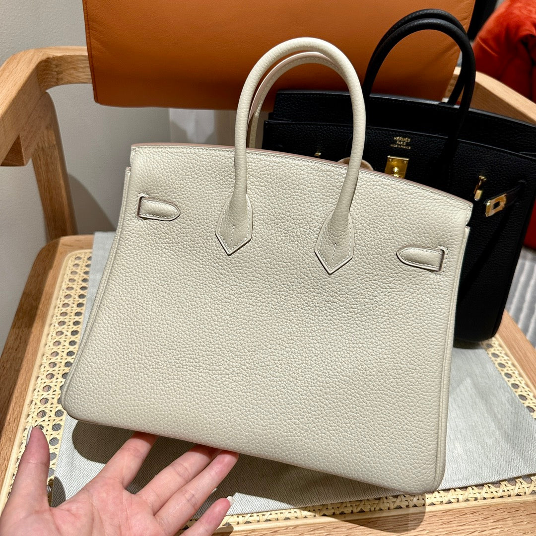 Luxury Genuine Leather Top-Handle Tote Bag - Elegant Birkin-Style Handbag in White and Black