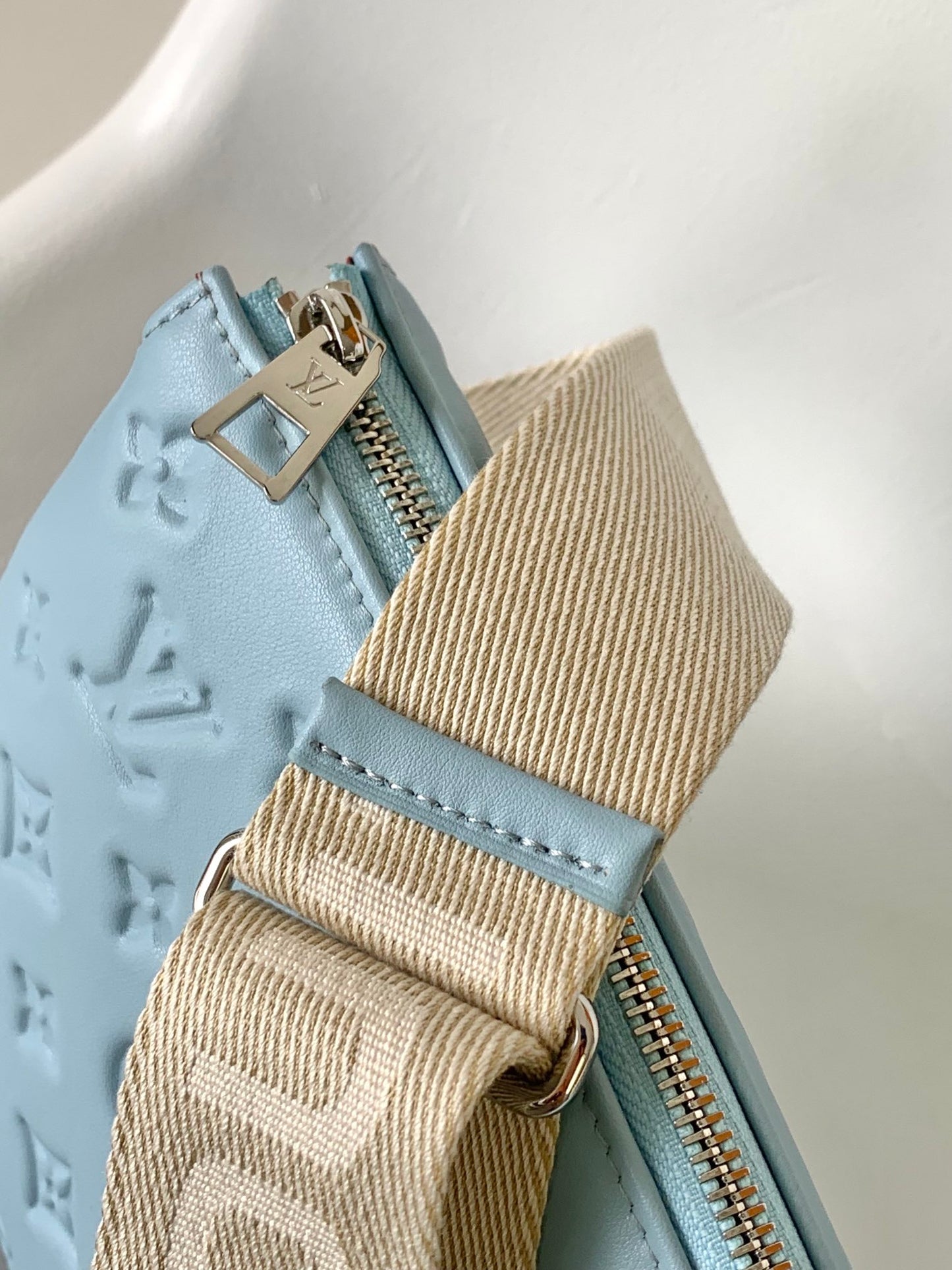 Louis Vuitton Light Blue Embossed Monogram Fanny Pack Crossbody Bag with Chain