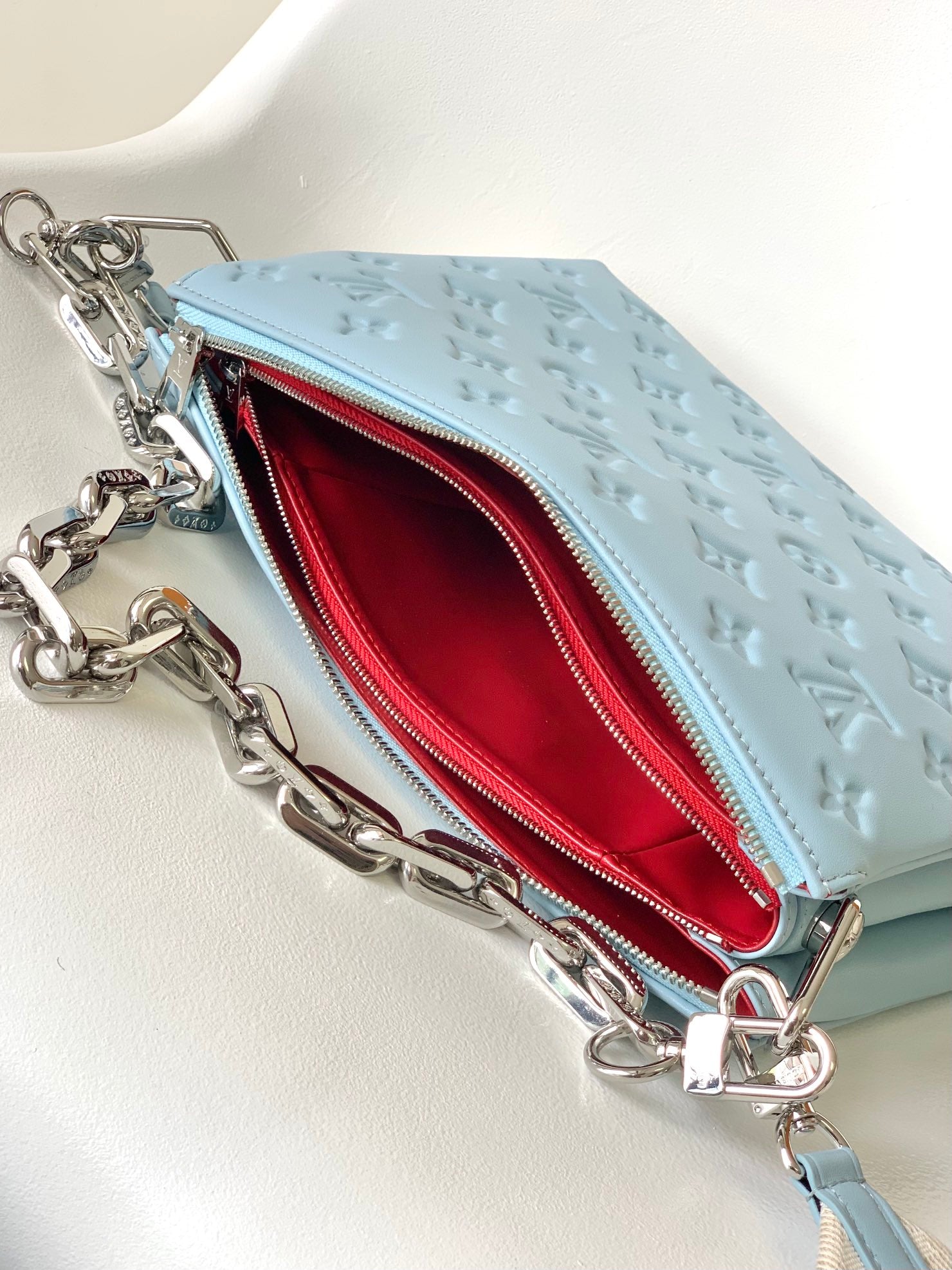 Louis Vuitton Light Blue Embossed Monogram Fanny Pack Crossbody Bag with Chain