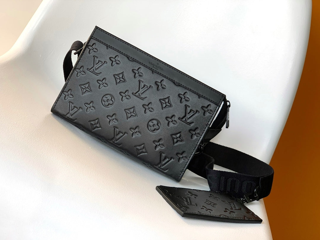 Louis Vuitton Black Embossed Leather Crossbody Messenger Bag with Detachable Pouch