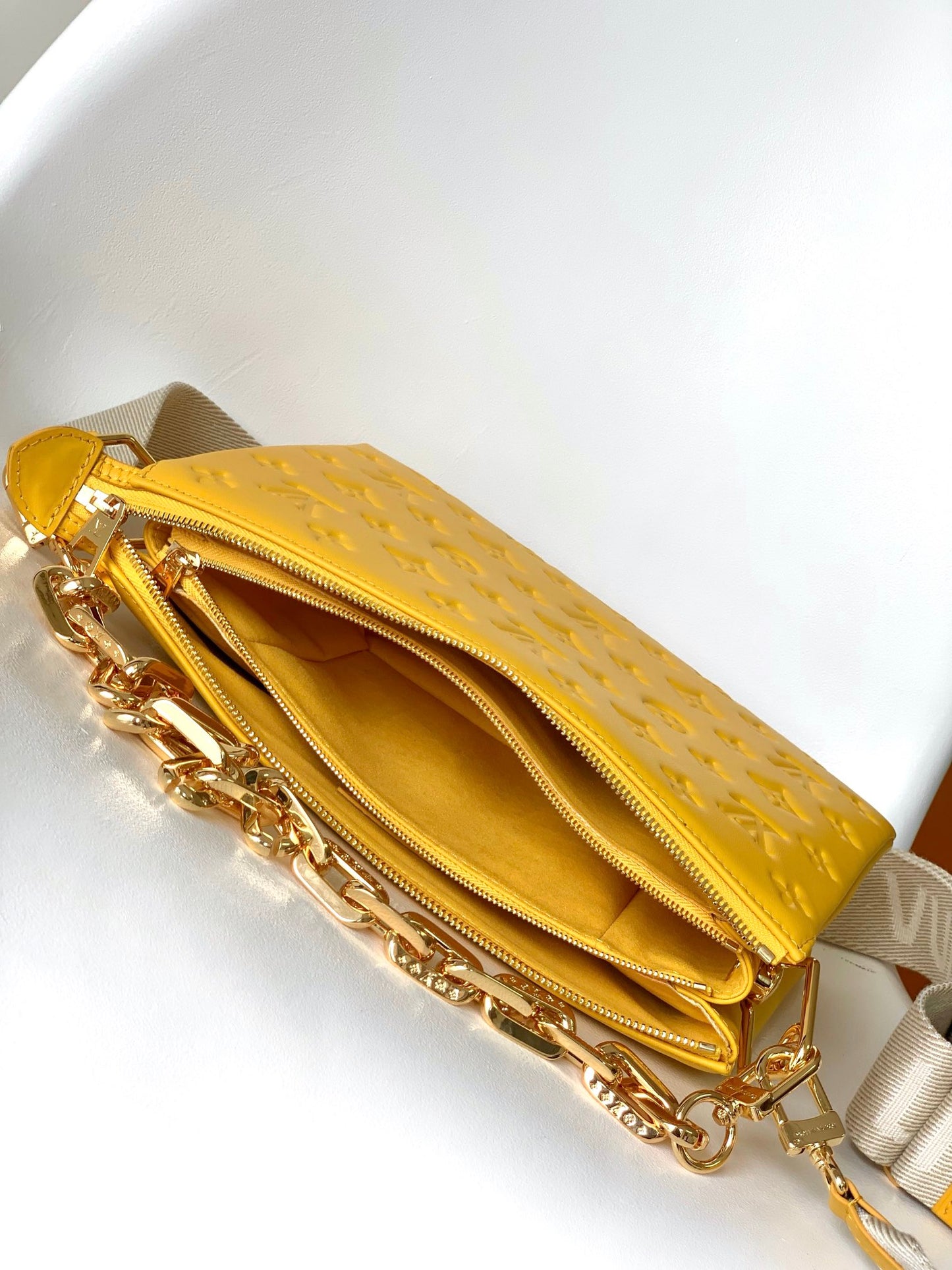 Louis Vuitton Chic Yellow Quilted Crossbody Bag with Wide Strap and Chain