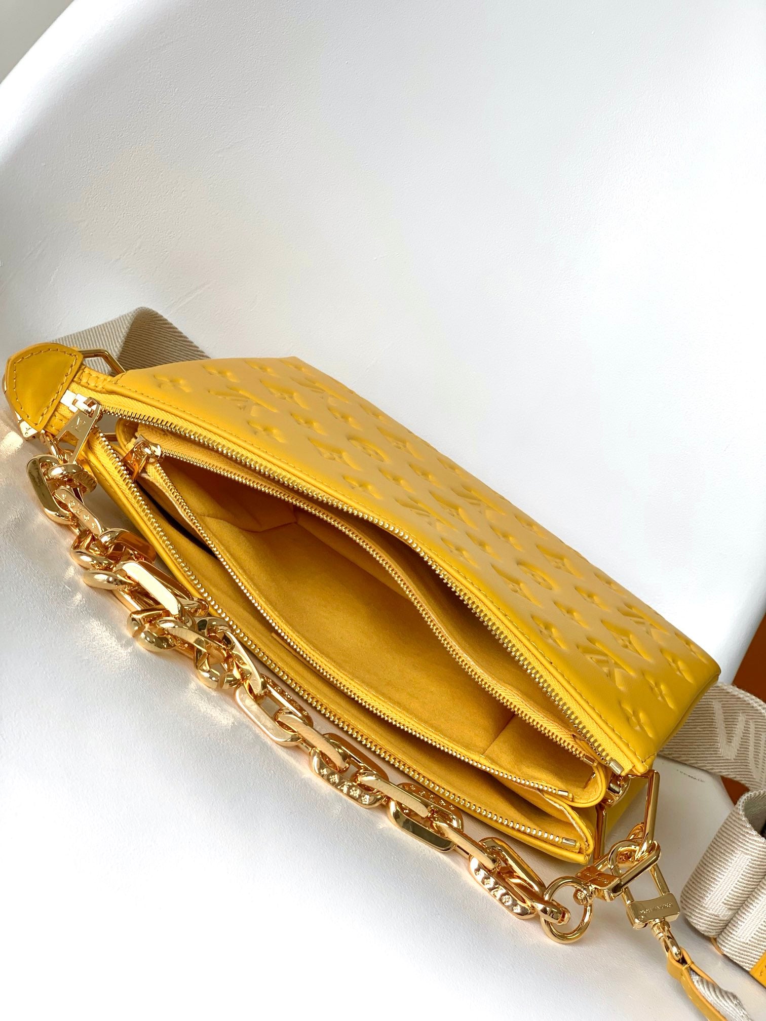 Louis Vuitton Chic Yellow Quilted Crossbody Bag with Wide Strap and Chain