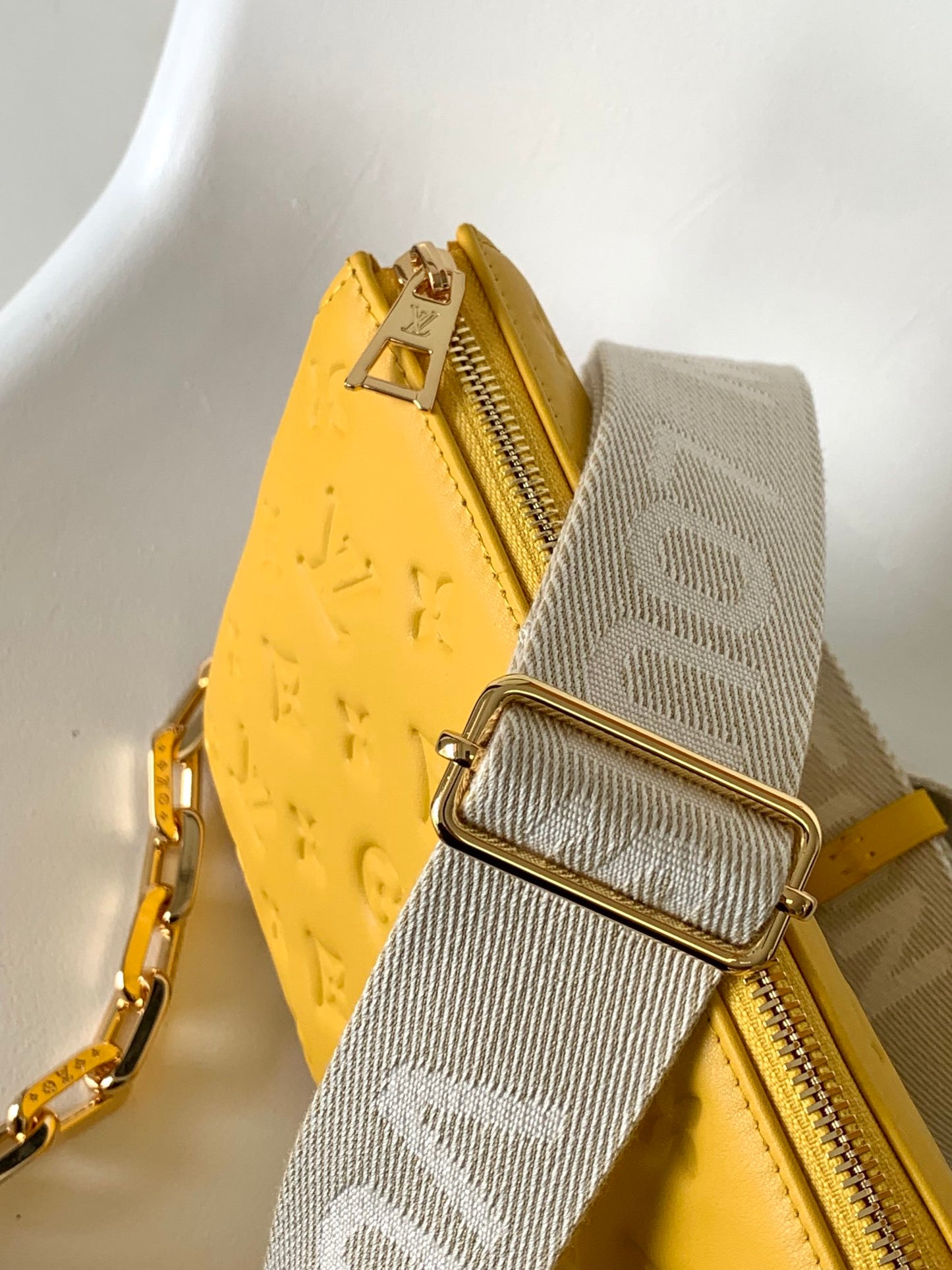 Louis Vuitton Chic Yellow Quilted Crossbody Bag with Wide Strap and Chain
