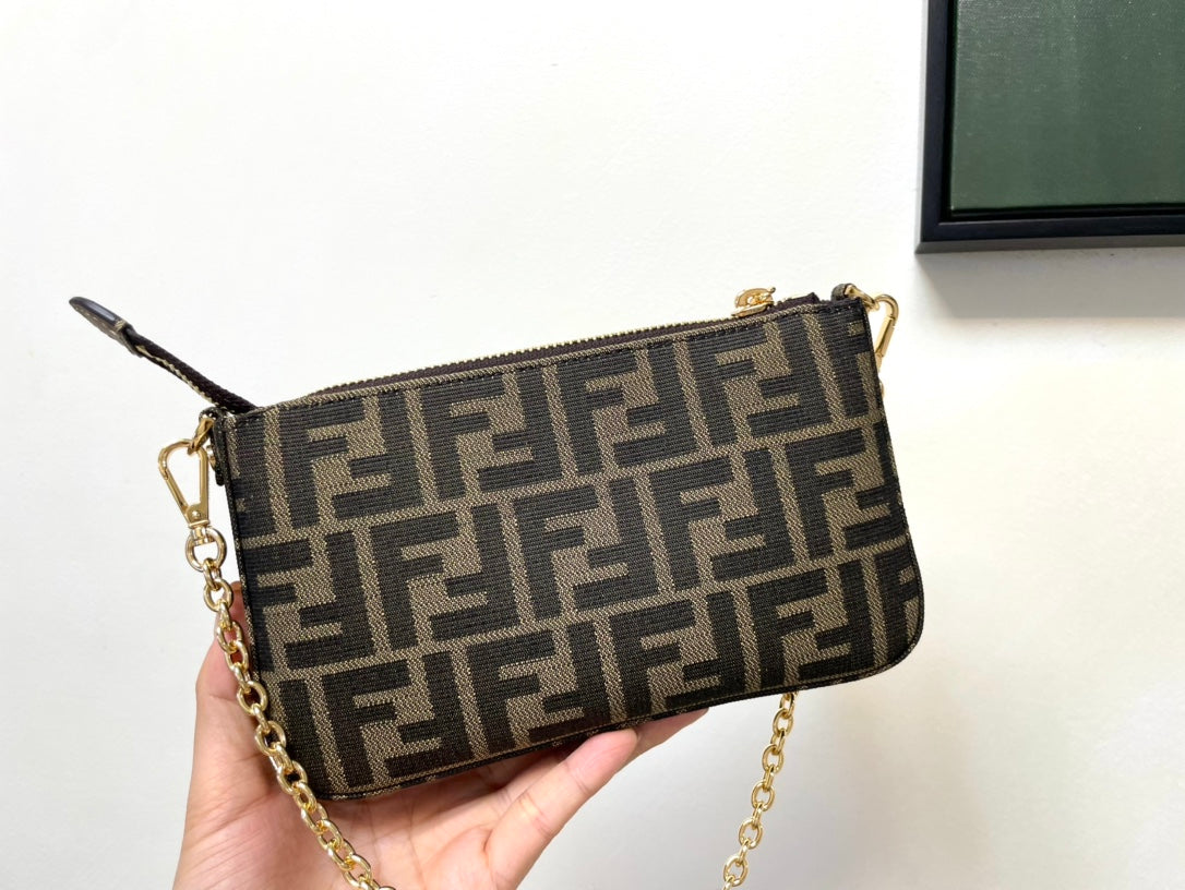 Fendi Zucca Monogram Brown Canvas Crossbody Bag with Gold Chain Strap