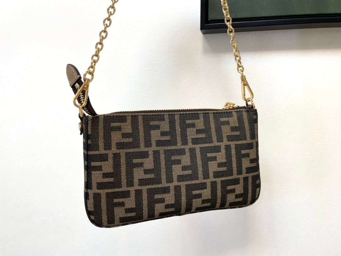 Fendi Zucca Monogram Brown Canvas Crossbody Bag with Gold Chain Strap