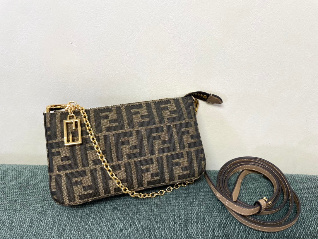 Fendi Zucca Monogram Brown Canvas Crossbody Bag with Gold Chain Strap
