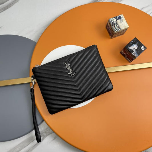 Saint Laurent Monogram Matelassé Quilted Leather Wristlet Clutch in Black