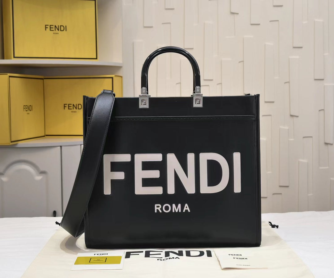 Fendi Sunshine Medium Black Leather Tote Bag