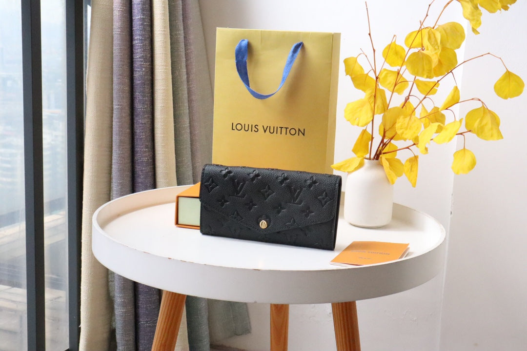 Louis Vuitton Black Embossed Leather Envelope Long Wallet with Gold Button