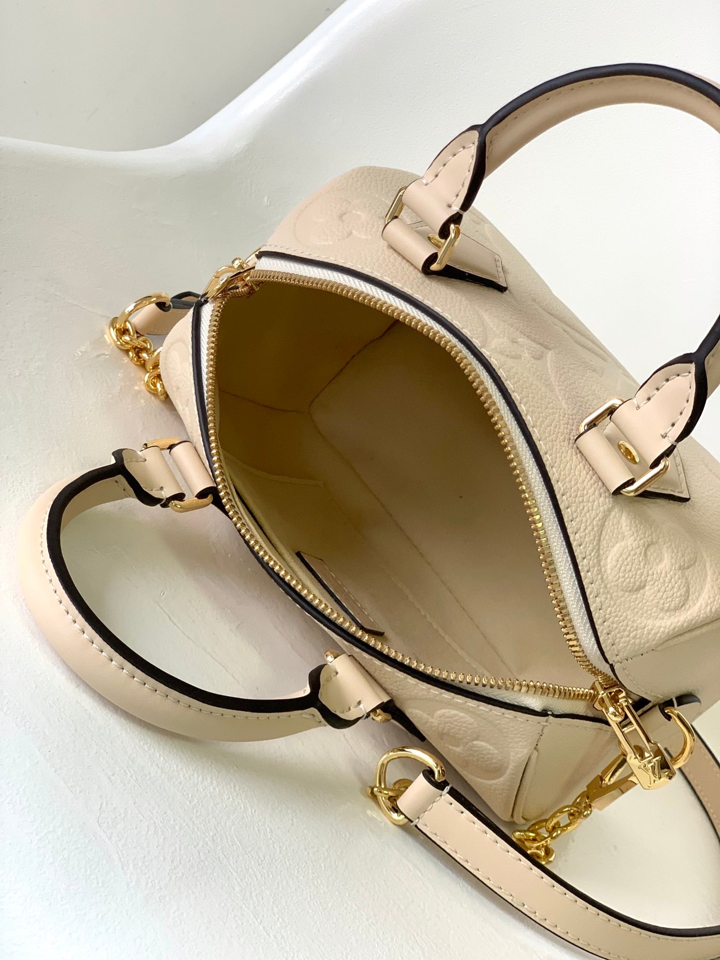 Louis Vuitton Beige Embossed Monogram Leather Crossbody Boston Bag