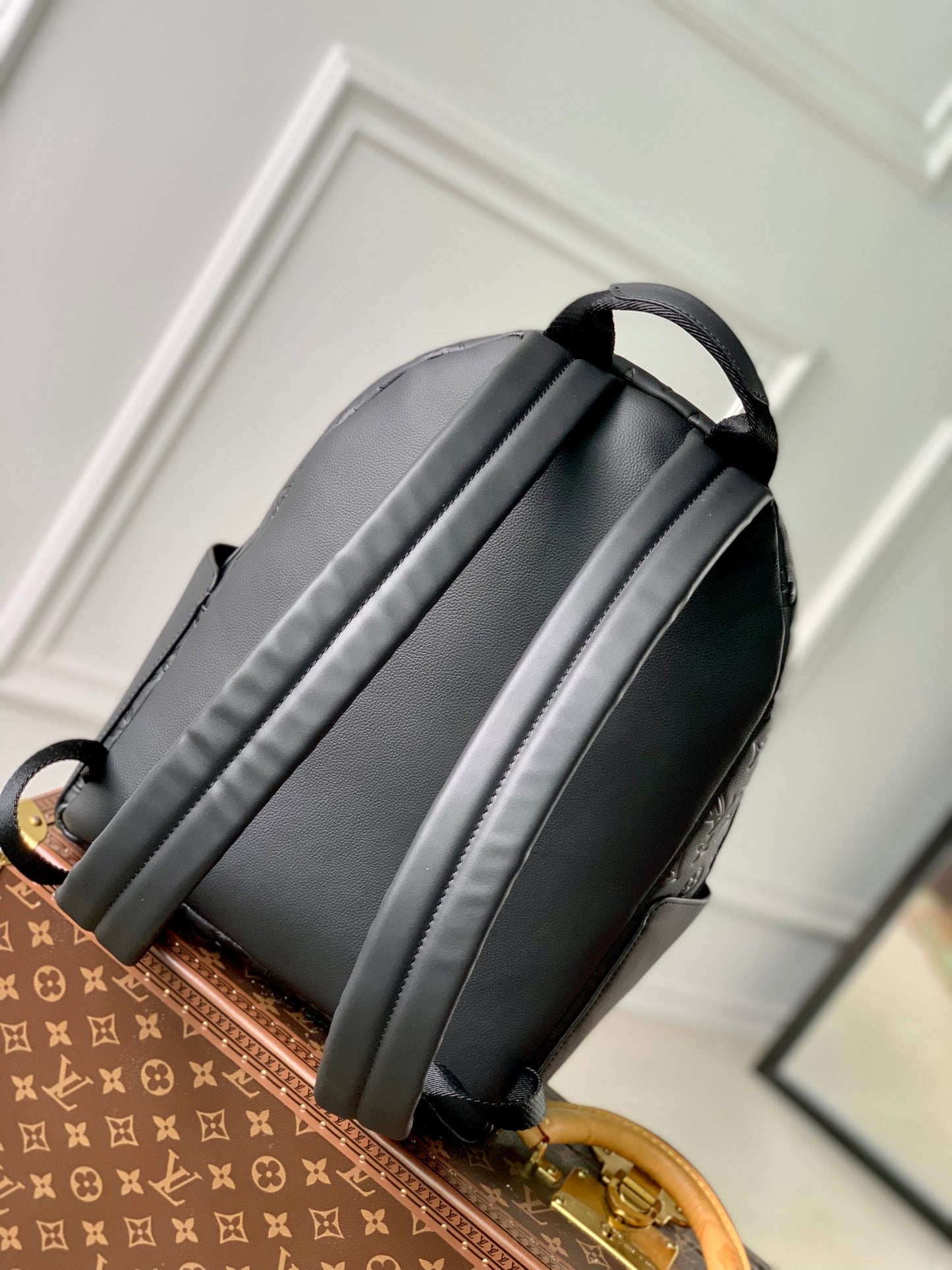 Louis Vuitton Matte Black Embossed Leather Monogram Pattern Unisex Backpack