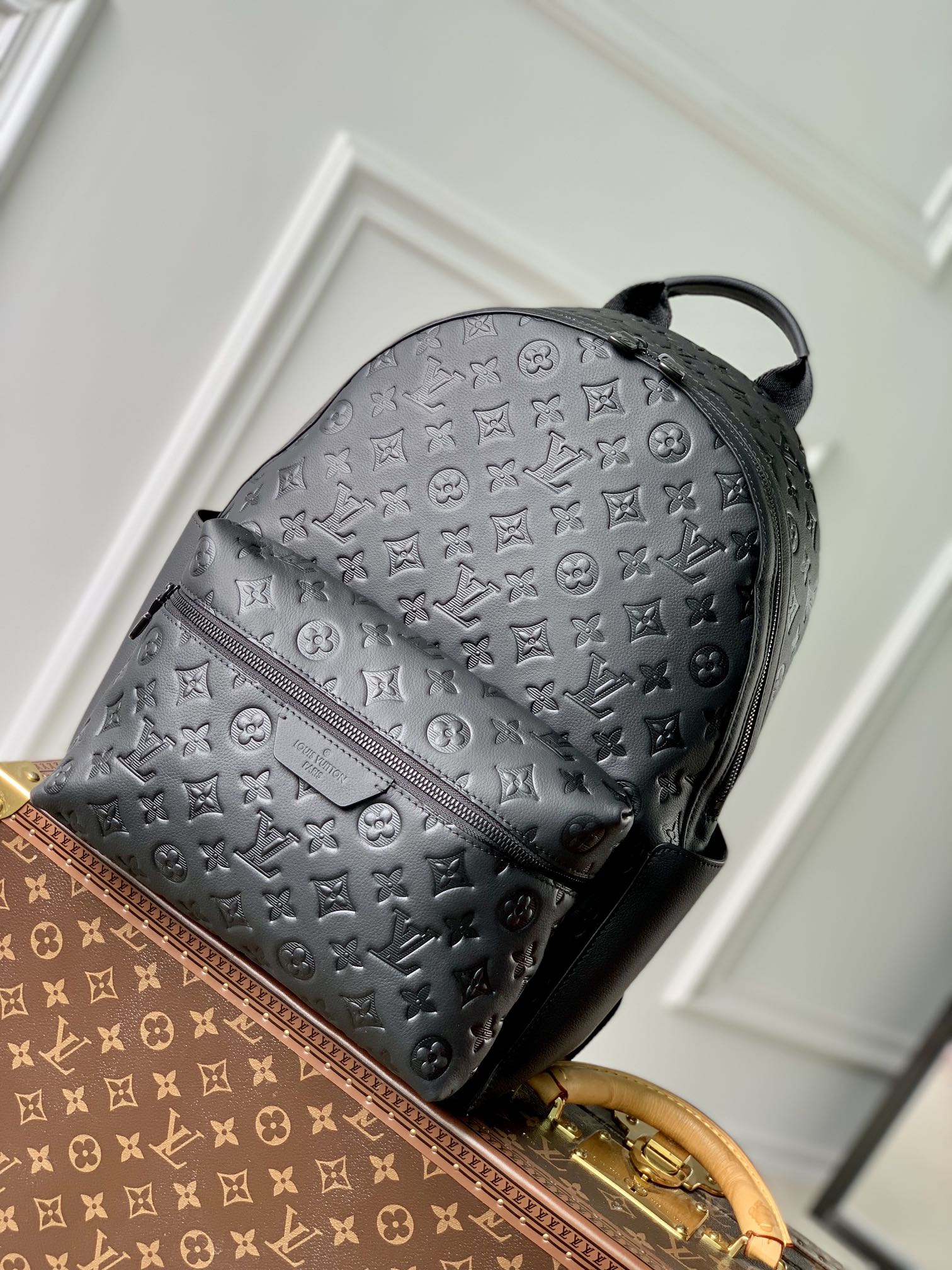Louis Vuitton Matte Black Embossed Leather Monogram Pattern Unisex Backpack