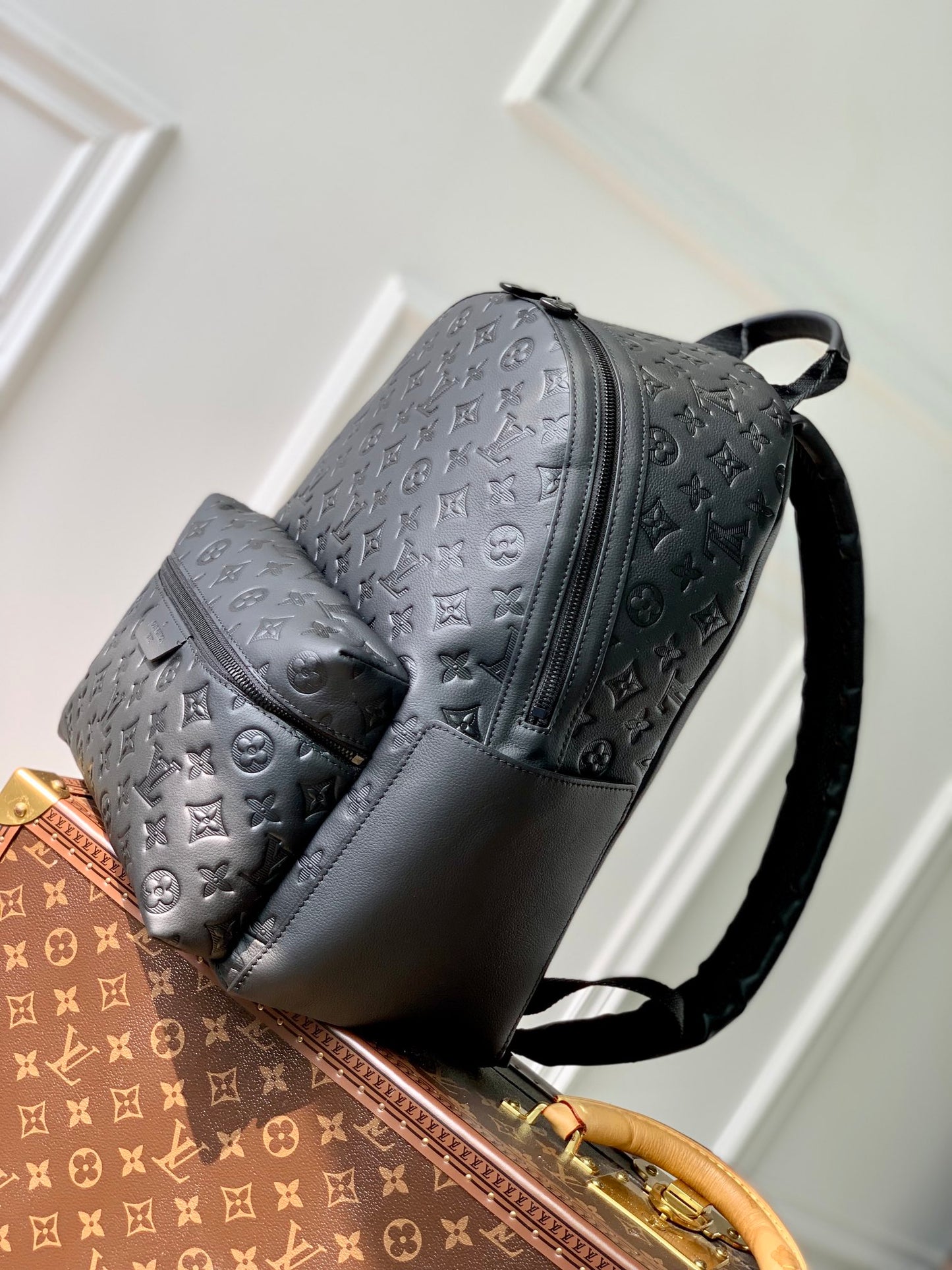 Louis Vuitton Matte Black Embossed Leather Monogram Pattern Unisex Backpack