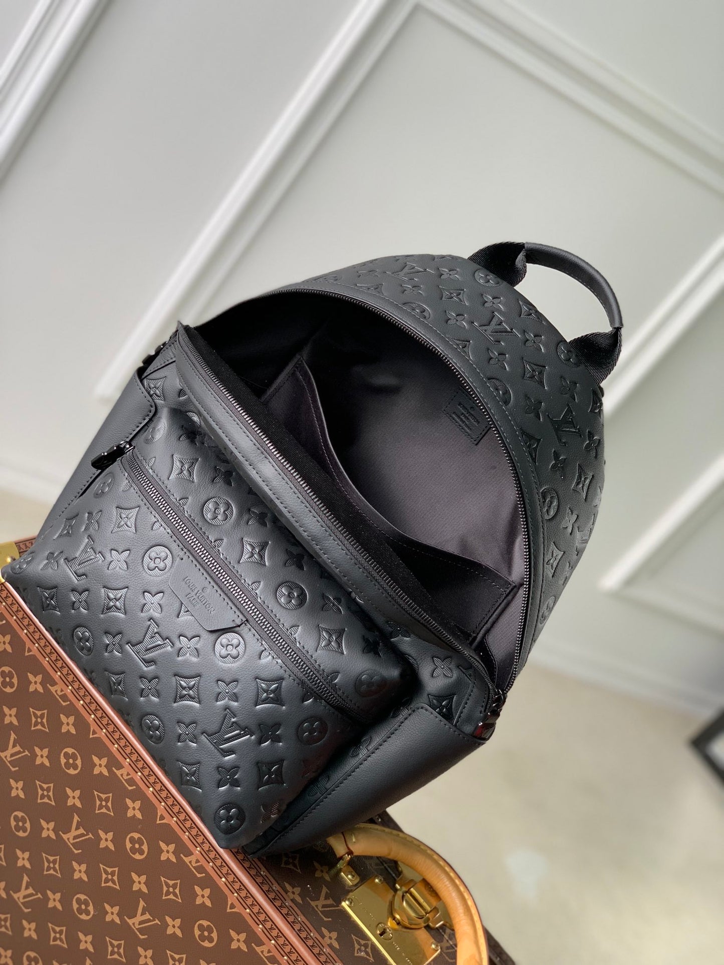 Louis Vuitton Matte Black Embossed Leather Monogram Pattern Unisex Backpack