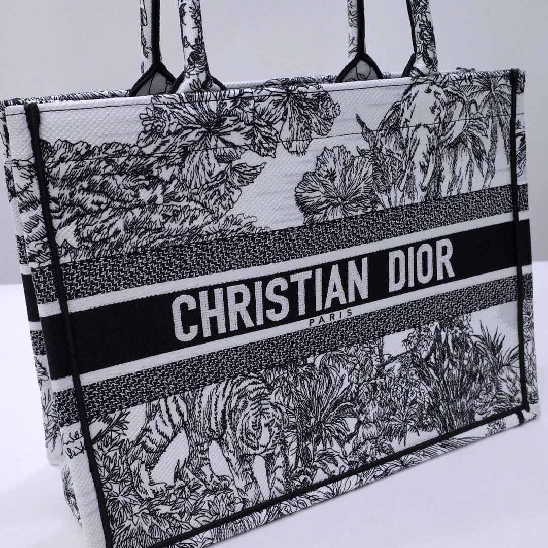 Dior Black and White Jungle Animal Print Canvas Tote Handbag