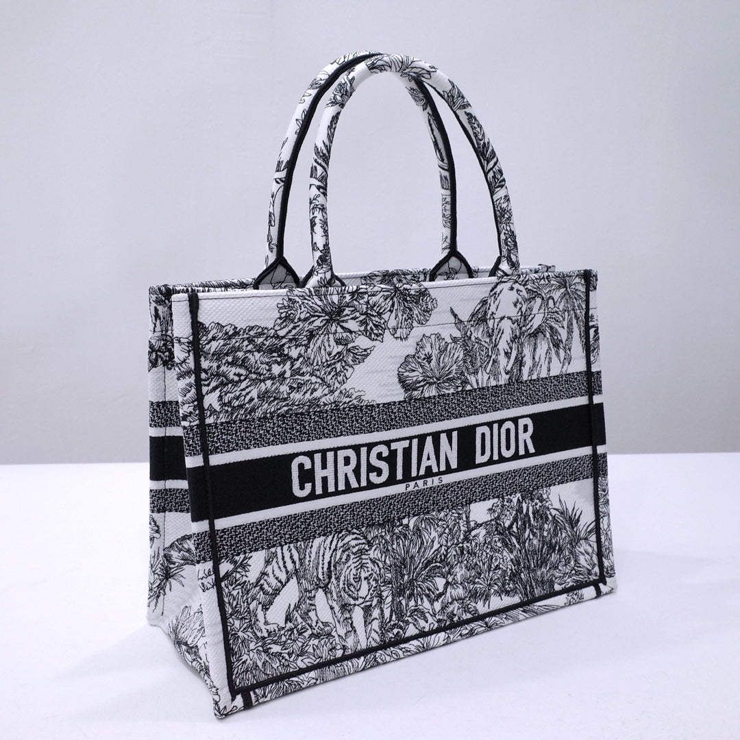 Dior Black and White Jungle Animal Print Canvas Tote Handbag