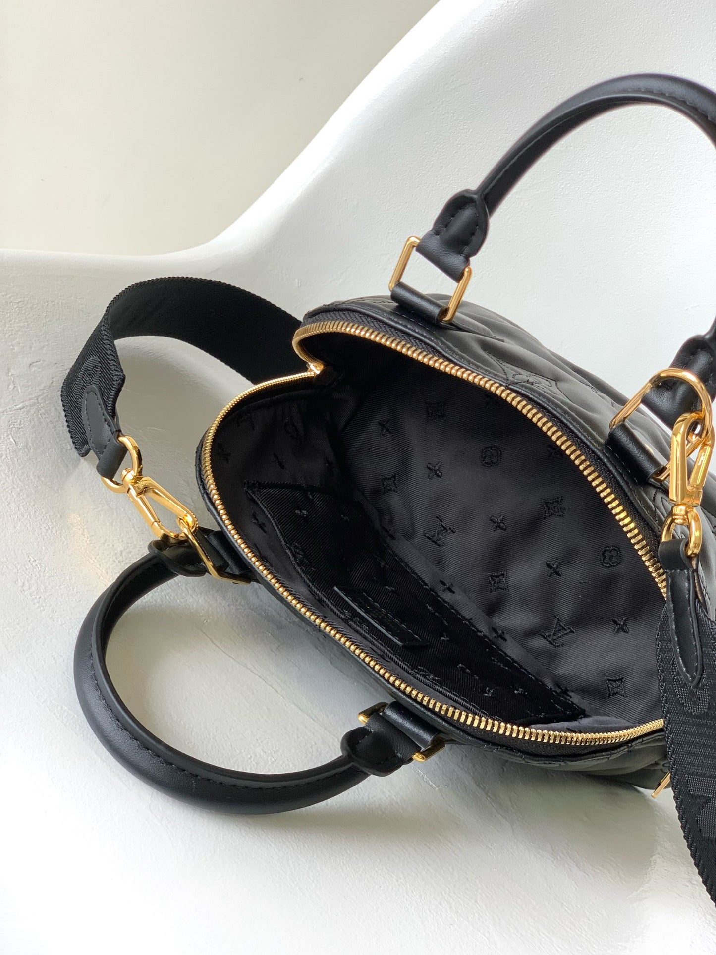 Louis Vuitton Black Embossed Quilted Leather Dome Handbag with Wide Strap