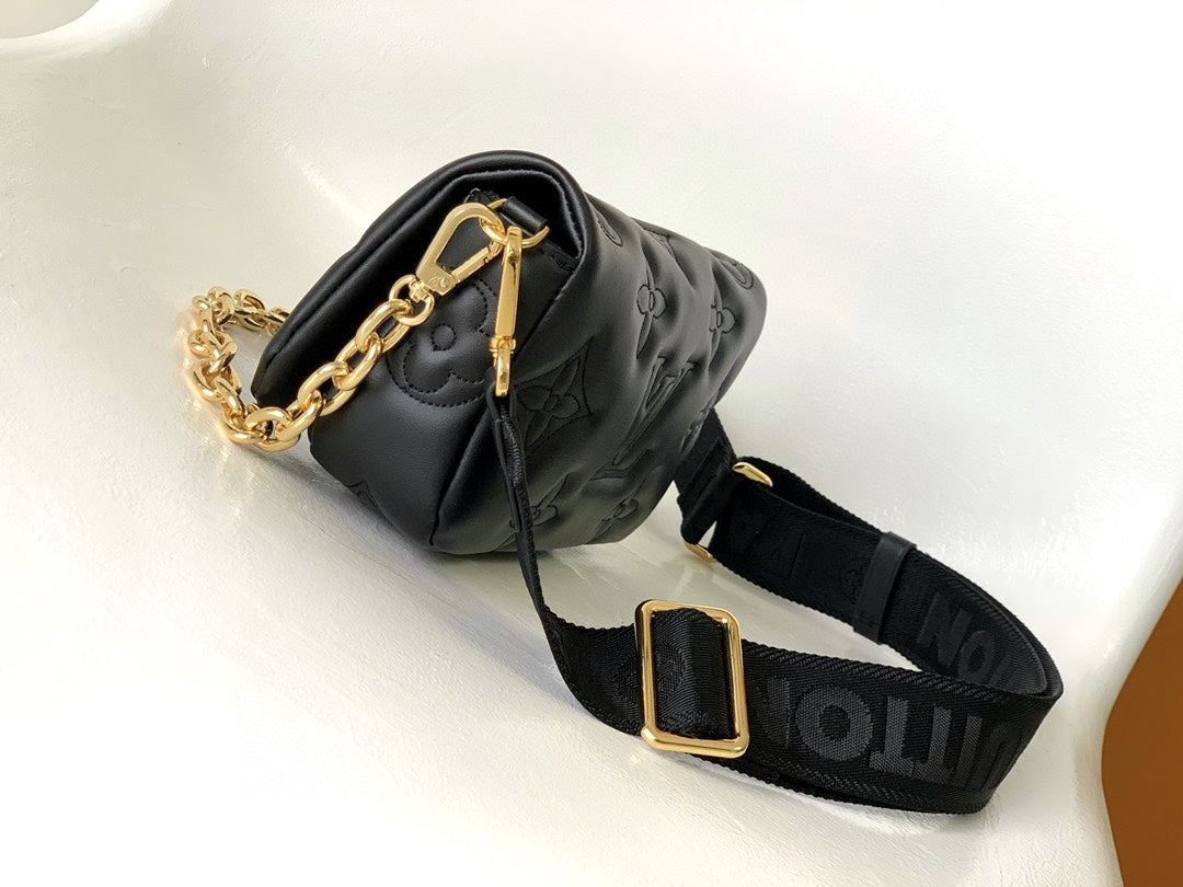 Women's Black Quilted Crossbody Shoulder Bag with Wide Webbing Strap &amp; Gold Chain Detail