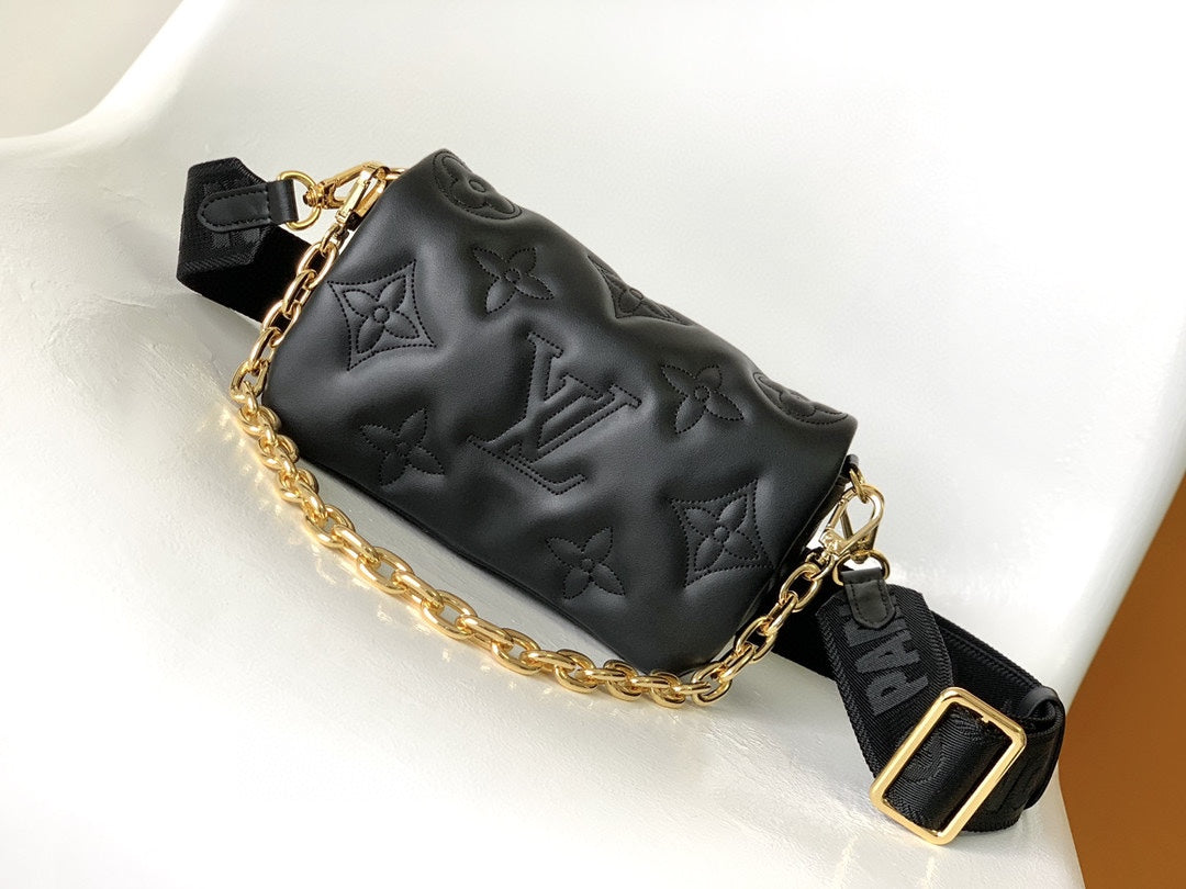 Louis Vuitton Black Quilted Chevron Crossbody Bag with Wide Strap and Gold Chain