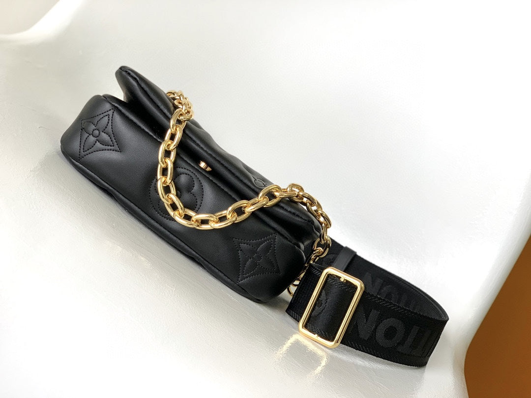 Louis Vuitton Black Quilted Chevron Crossbody Bag with Wide Strap and Gold Chain