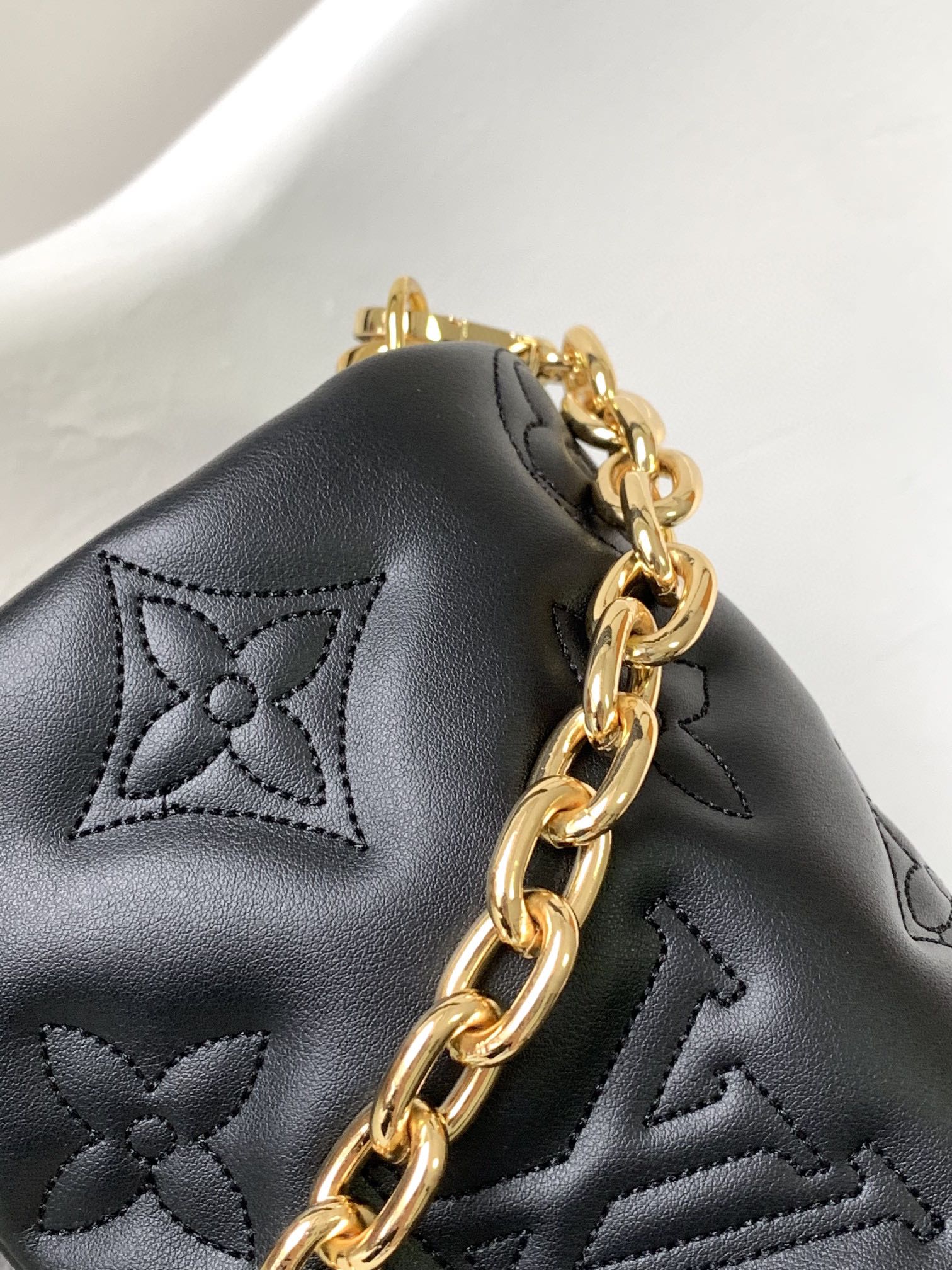 Louis Vuitton Black Quilted Chevron Crossbody Bag with Wide Strap and Gold Chain
