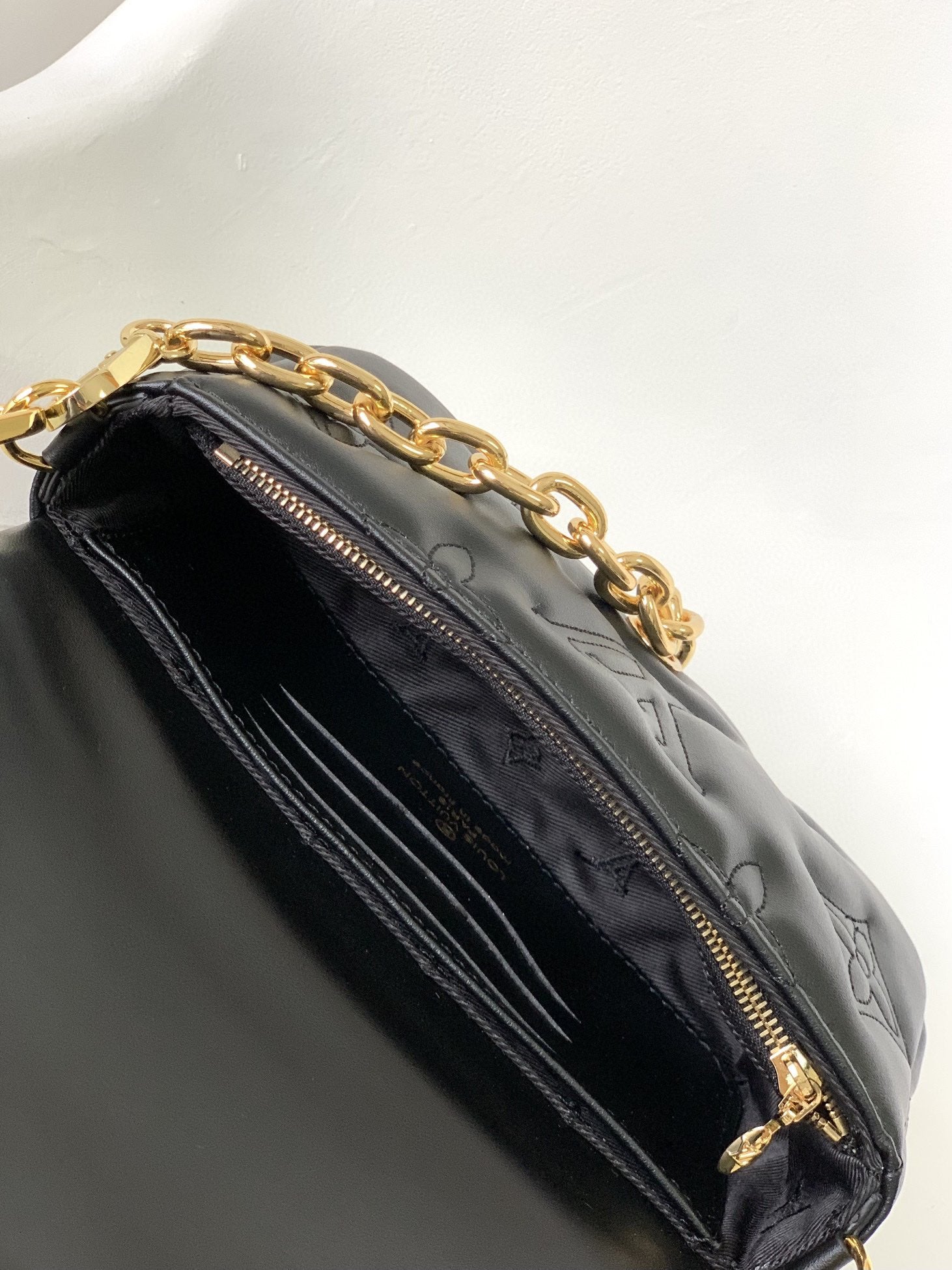 Louis Vuitton Black Quilted Chevron Crossbody Bag with Wide Strap and Gold Chain