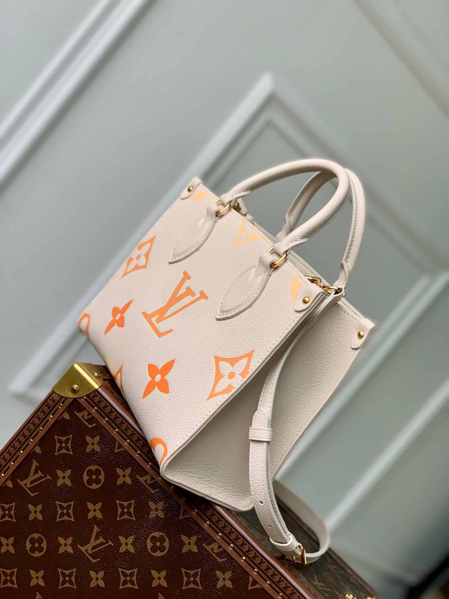 Louis Vuitton Cream and Orange Monogram Top Handle Leather Tote Bag