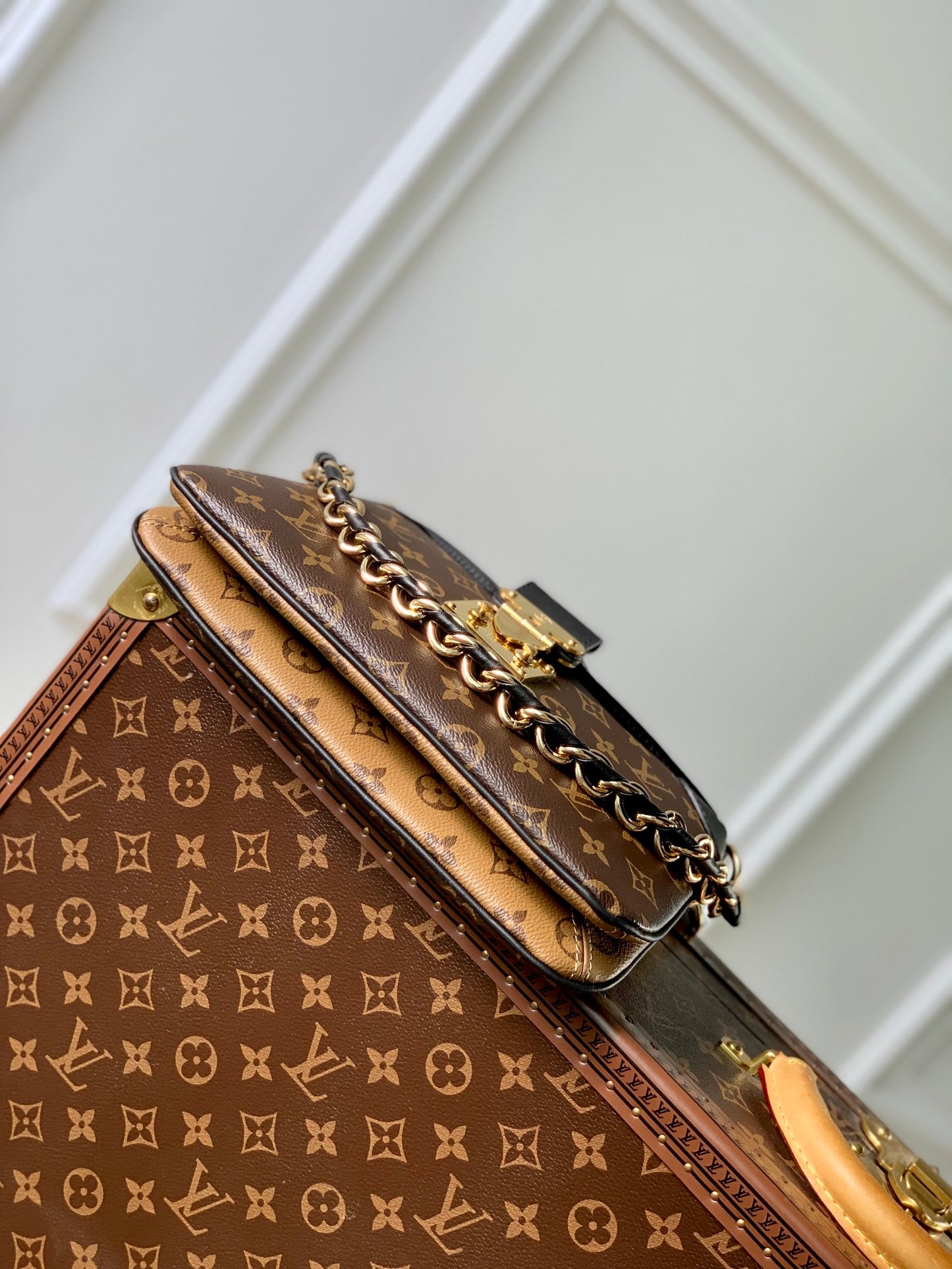 Louis Vuitton Classic Brown Monogram Shoulder Bag with Gold Chain and Lock Clasp