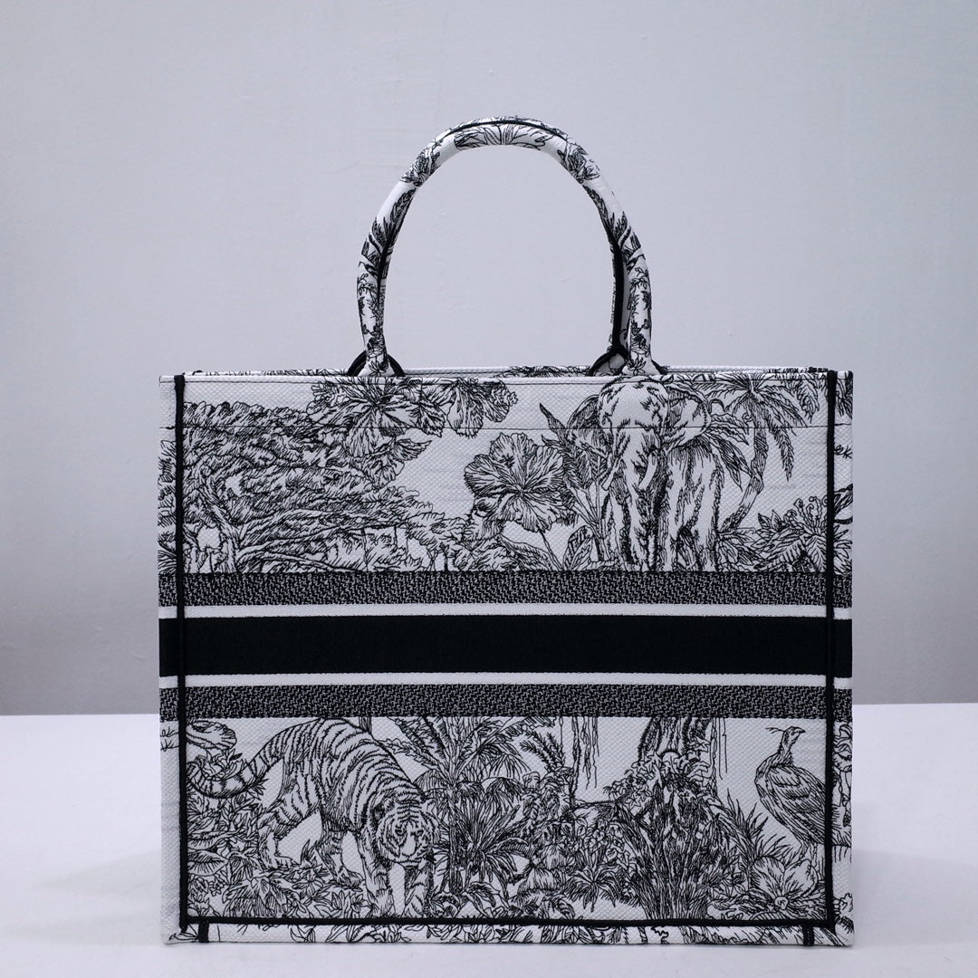 Dior Vintage Botanical Animal Print Black and White Canvas Tote Bag