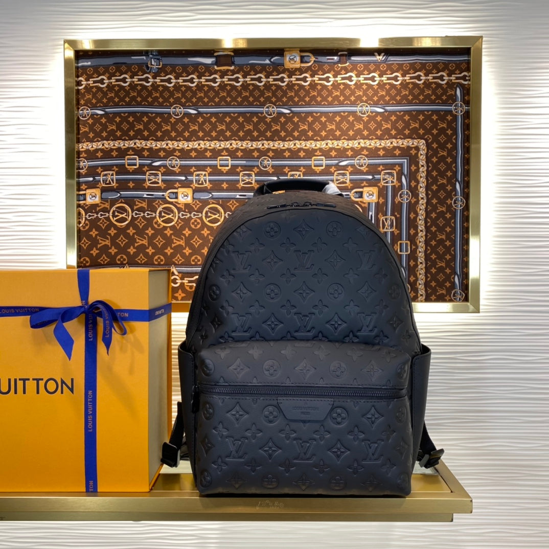 Louis Vuitton Minimalist Black Embossed Pattern Unisex Leather Backpack