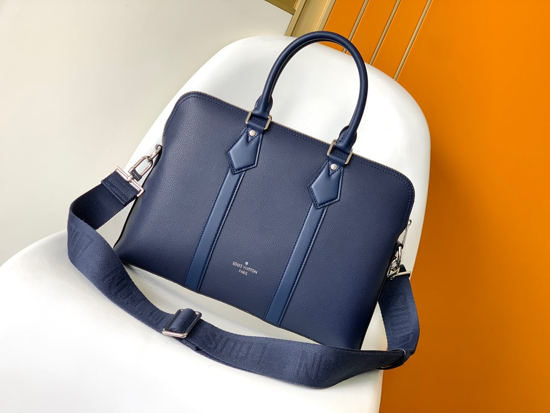 Louis Vuitton Professional Navy Blue Leather Slim Briefcase Laptop Bag