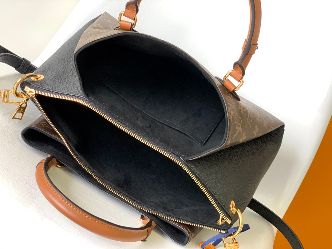 Louis Vuitton Luxury Brown Monogram Canvas Handbag with Tan Leather Handles