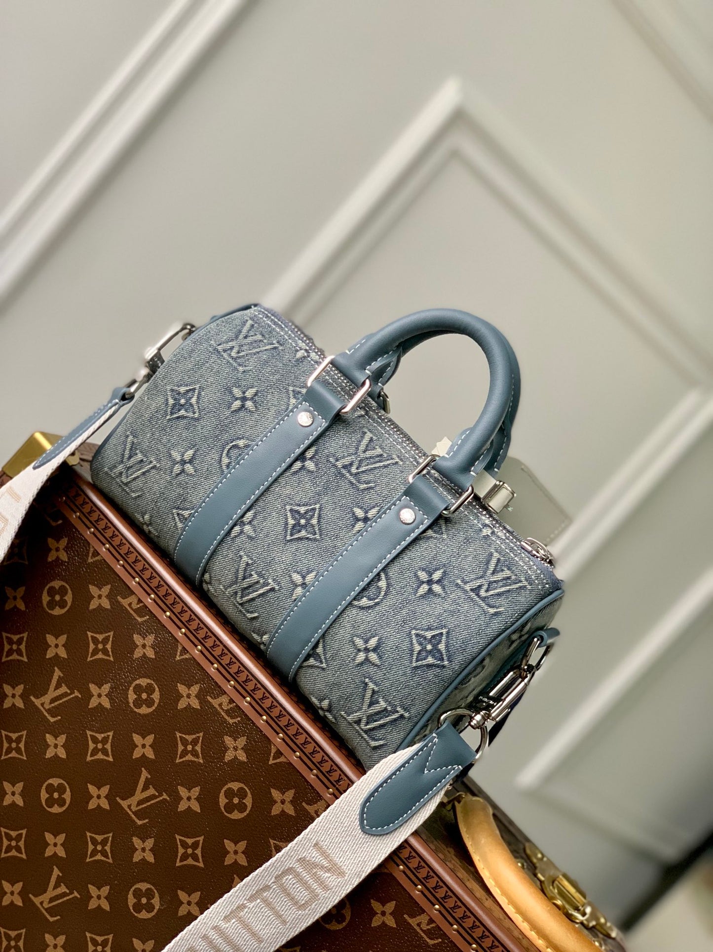 Louis Vuitton Blue Denim Monogram Jacquard Duffle Handbag with Shoulder Strap