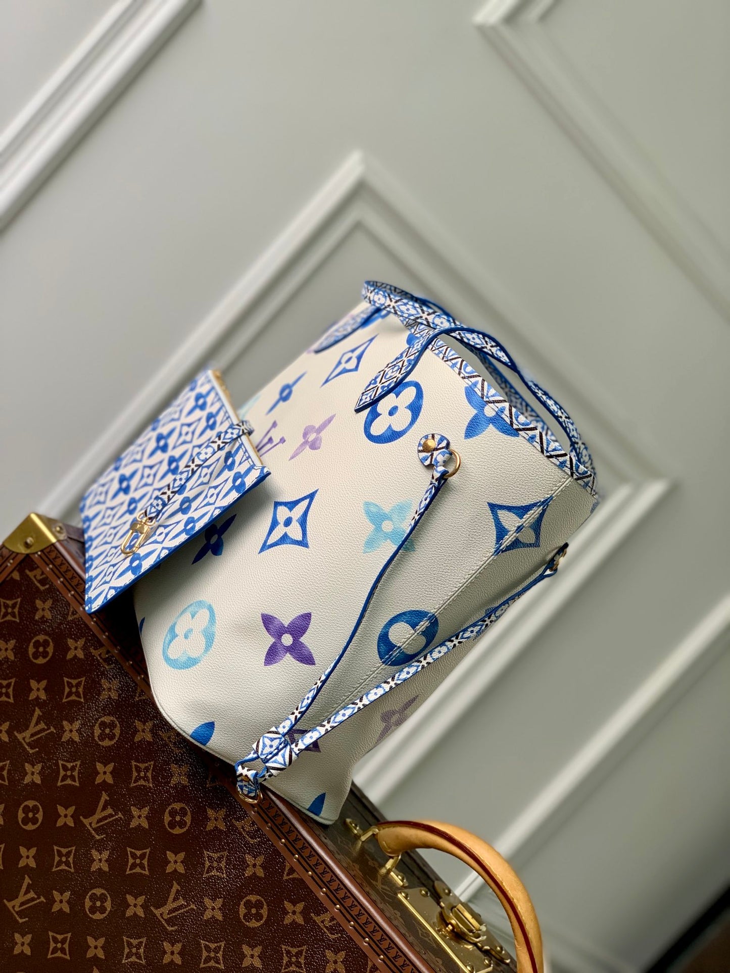 Louis Vuitton Designer White Canvas Tote Bag with Blue and Purple Monogram Print