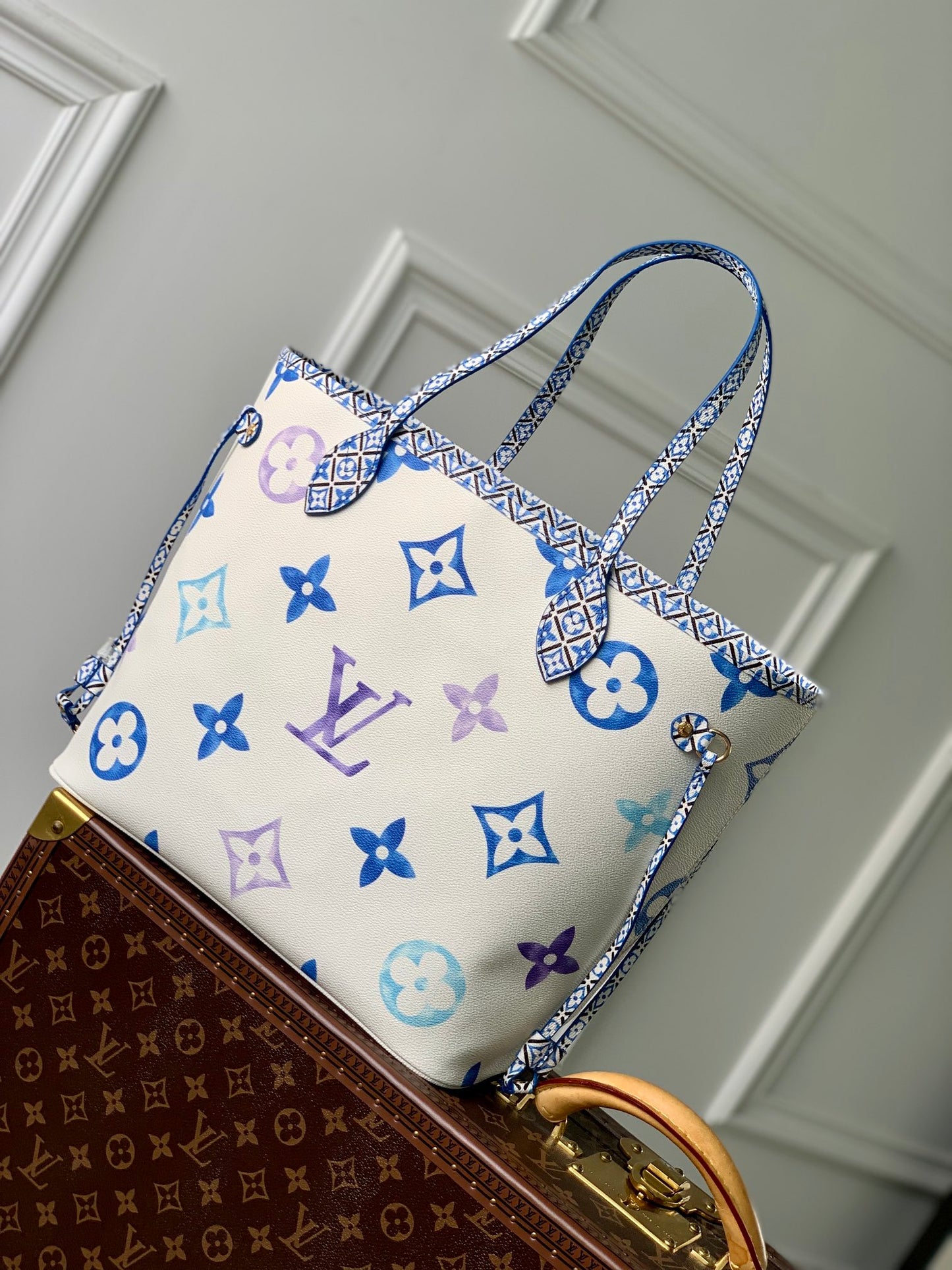 Louis Vuitton Designer White Canvas Tote Bag with Blue and Purple Monogram Print