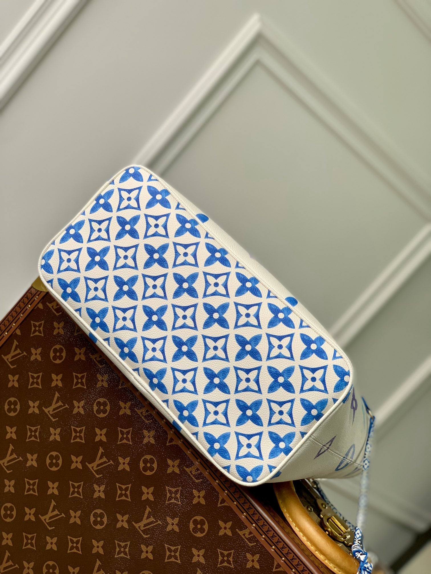 Louis Vuitton Designer White Canvas Tote Bag with Blue and Purple Monogram Print