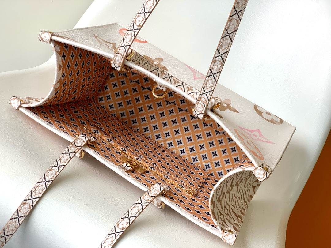 Louis Vuitton Luxury Cream Monogram Leather Tote Bag with Patterned Handles