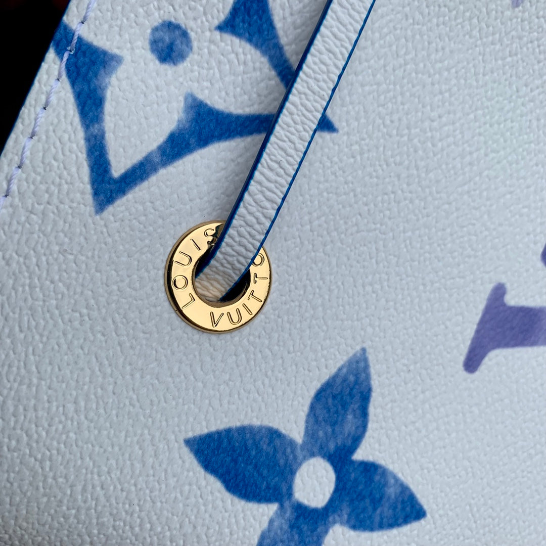 Louis Vuitton White and Blue Monogram Drawstring Bucket Bag with Top Handle