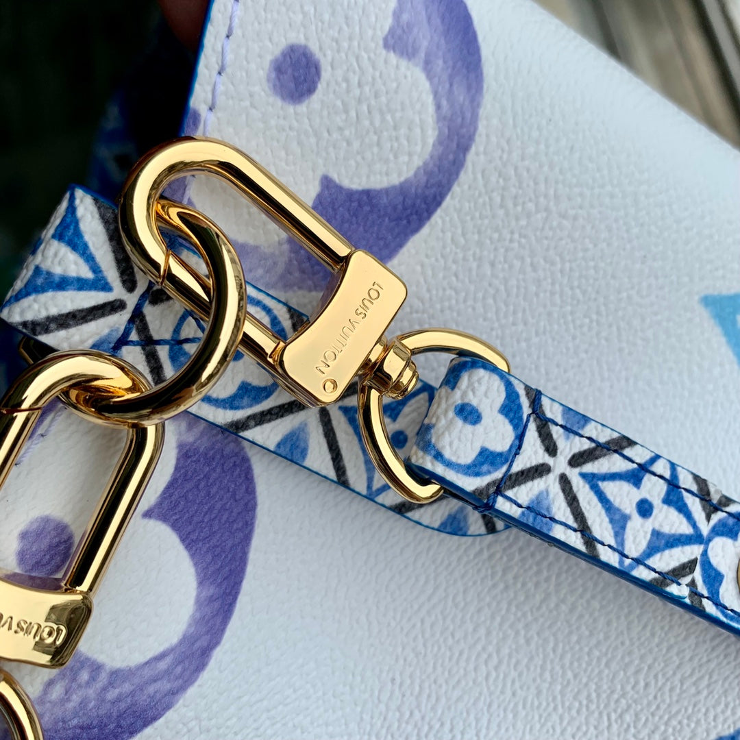 Louis Vuitton White and Blue Monogram Drawstring Bucket Bag with Top Handle