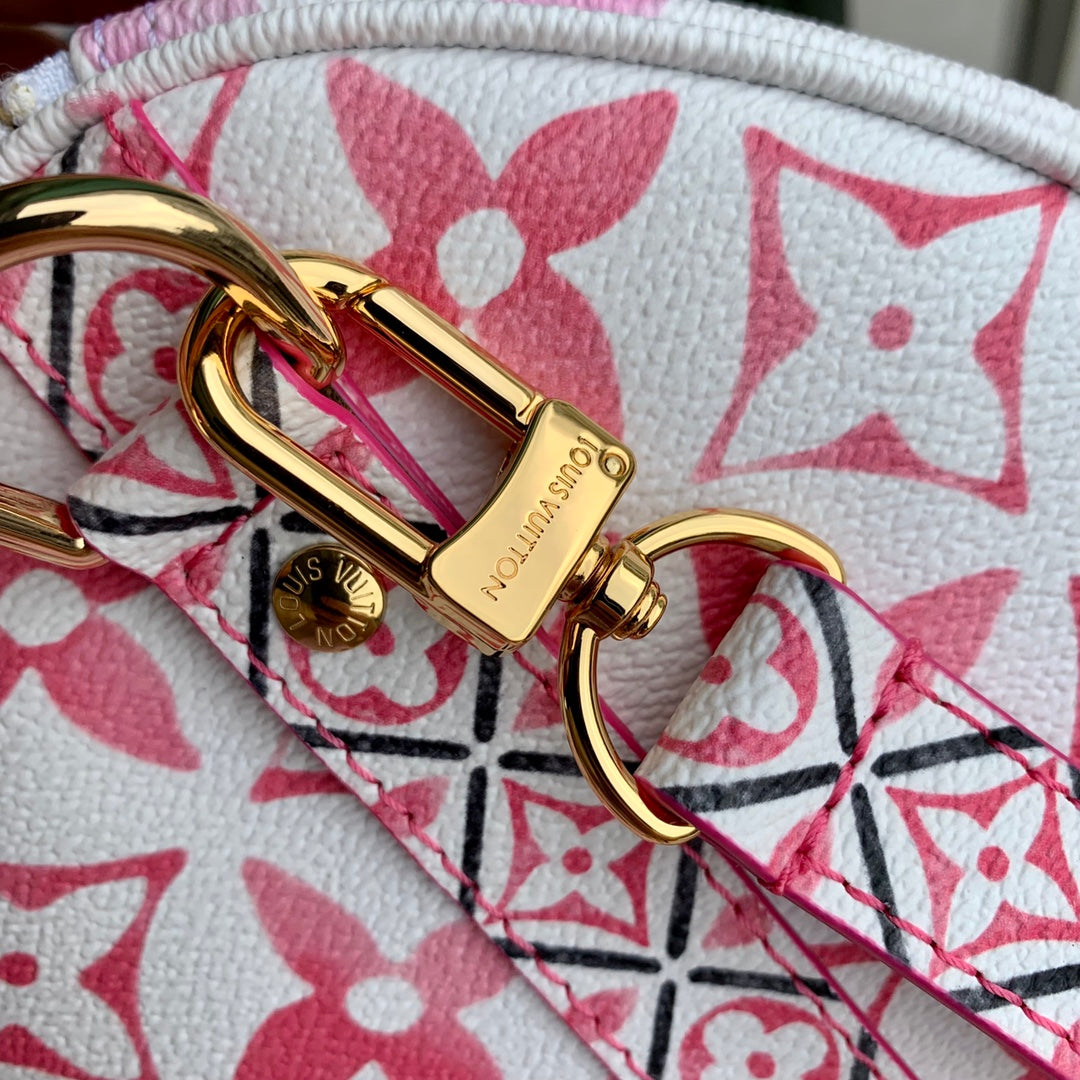 Louis Vuitton Luxury Pink and White Monogram Print Top Handle Handbag with Strap