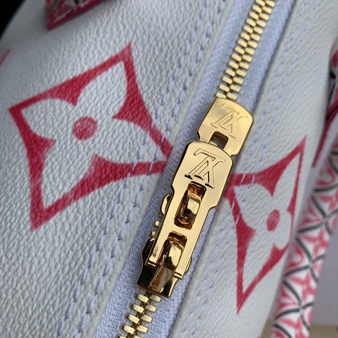 Louis Vuitton Luxury Pink and White Monogram Print Top Handle Handbag with Strap