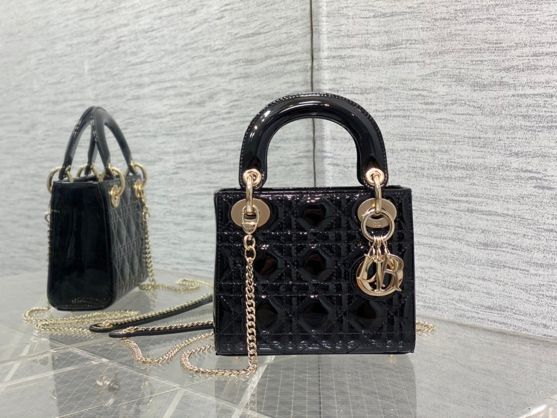 Christian Dior Mini Lady Dior Bag Black Patent Cannage Calfskin with Gold-tone Hardware