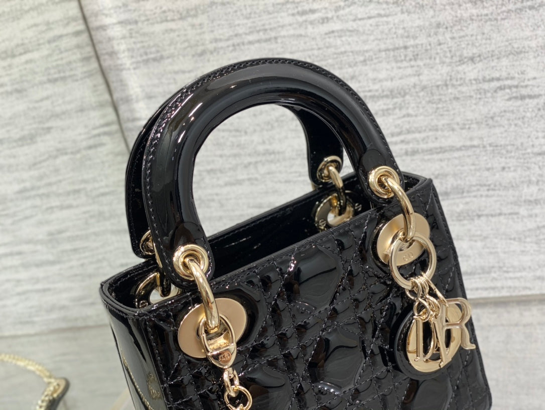 Mini Lady Dior Bag - Black Patent Cannage Calfskin with Gold-Finish Hardware